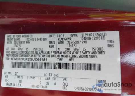 2016 Ford Escape Se from USA, damaged, VIN 1FMCU9GX2GUC64151